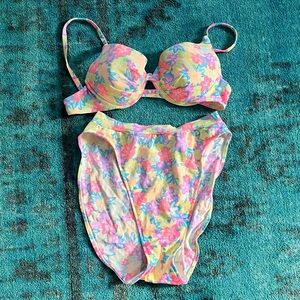 Vintage 80s Neon Floral Bikini Set Size Medium